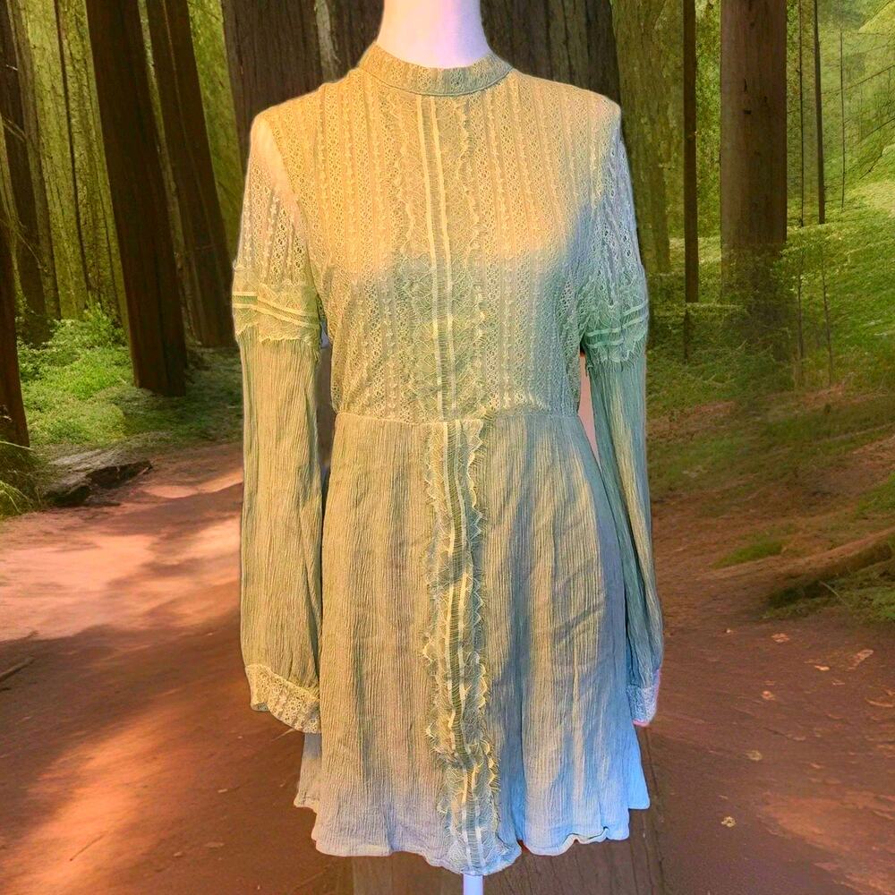 Altar'd State Mint Green Long Sleeve Dress Lace Overlay Cottage Core Fairycore